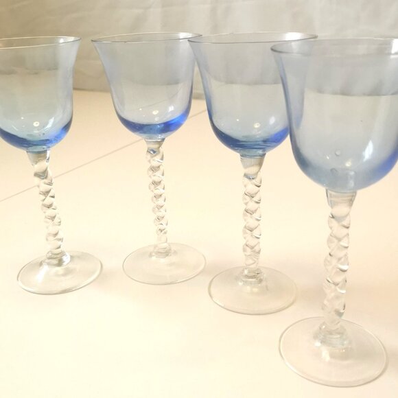 VINTAGE Set of 4 Aqua Blue Wine Goblets w/ Clear Corkscrew Twisted Stem | 1960s - Picture 2 of 8
